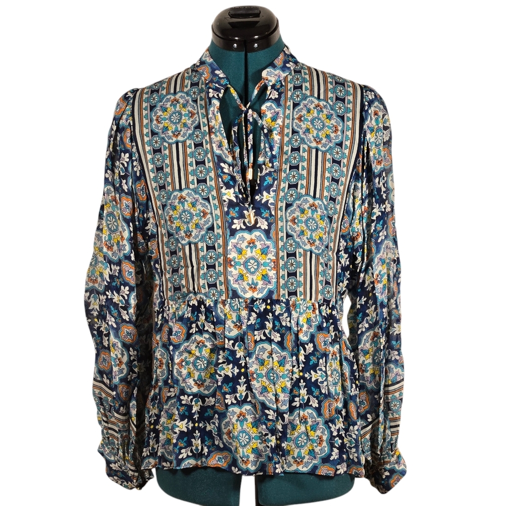 Shoshanna Silvano Blouse Blue White Printed Top Semi Sheer Size XS - Picture 3 of 11